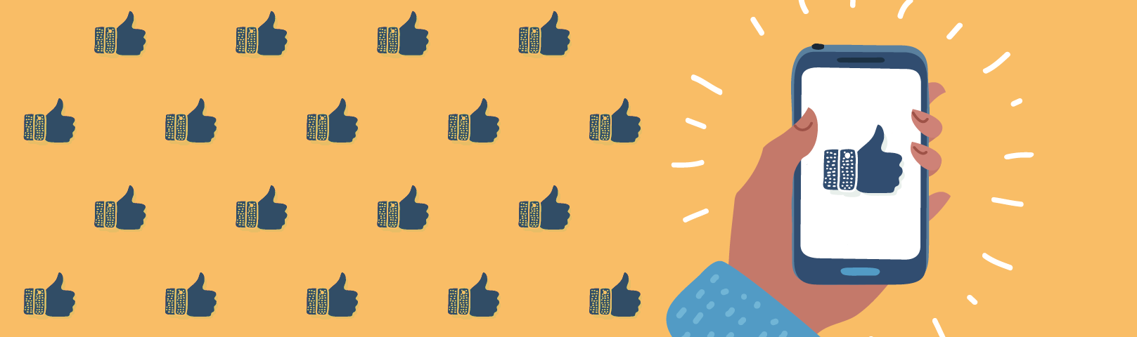 Illustration of a hand holding a smartphone with a large "like" thumbs-up on the screen