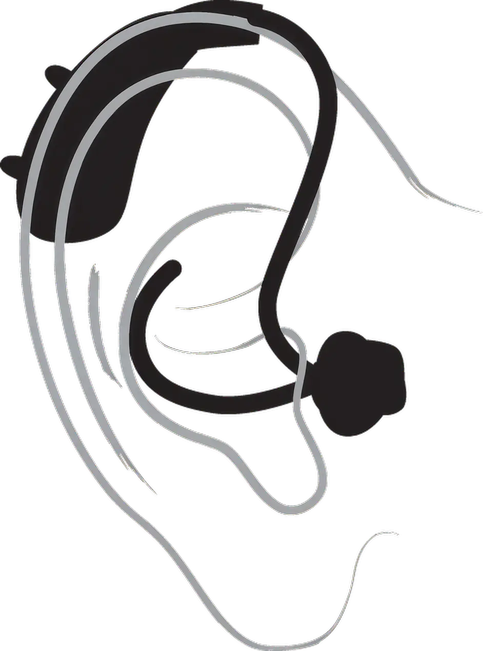 A technical drawing of a behind-the-ear (BTE) hearing aid, showing its shape and components.