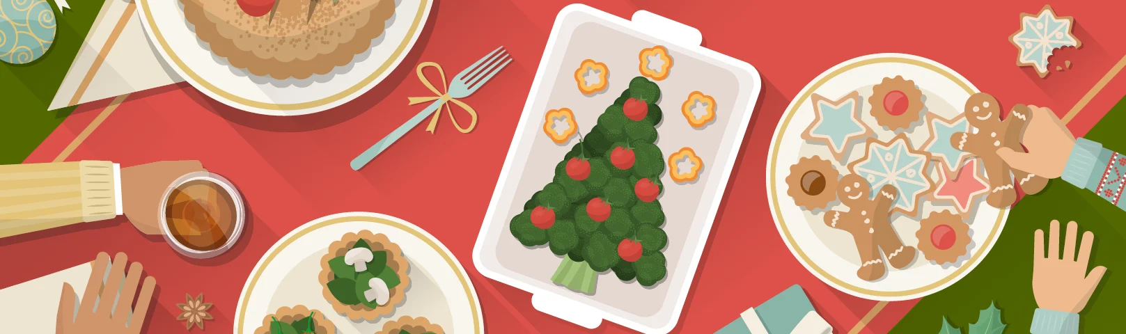 Illustration of holiday table full of treats