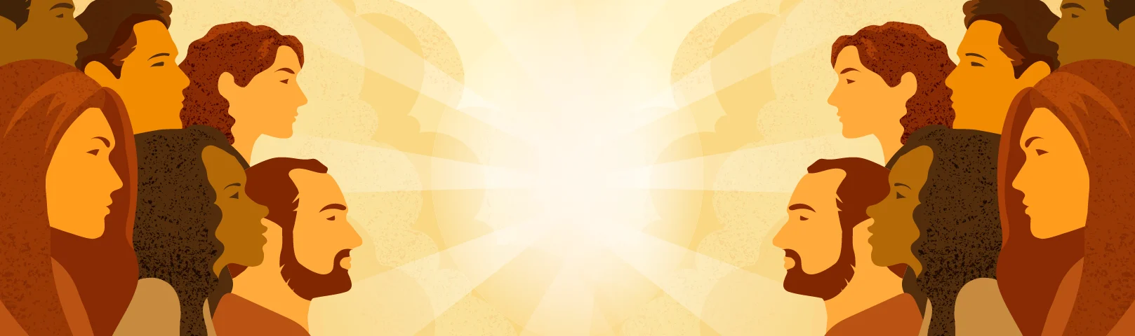 Silhouettes of diverse people facing each other, surrounded by a soft golden light, symbolizing connection and dialogue.