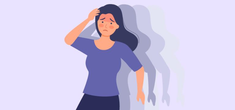 An illustration of a woman holding her head with a dizzy expression, surrounded by blurring silhouettes to represent vertigo and imbalance